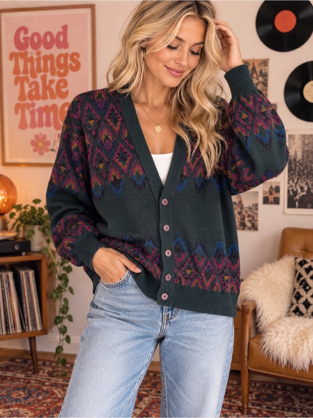 Vintage Gitano Dark Green Geometric V-Neck Button Cardigan